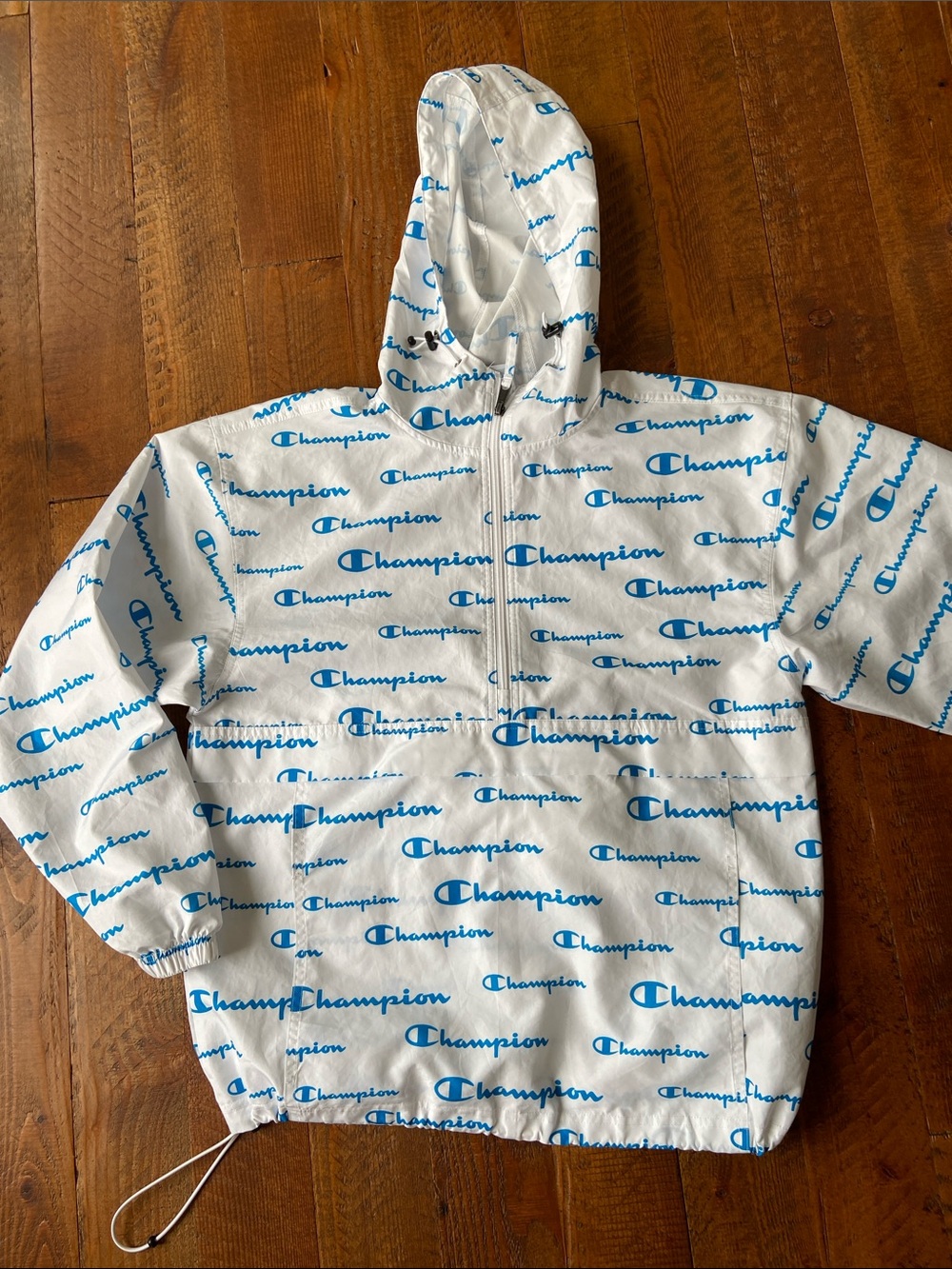 Champion White Windbreaker Jacket with Blue Logo Print